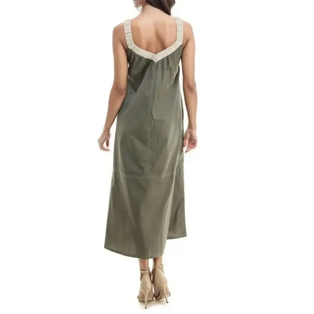 SOCIALITE Seamed Stretch Cotton Midi Dress - Olive/Ivory - Picture 2 of 6